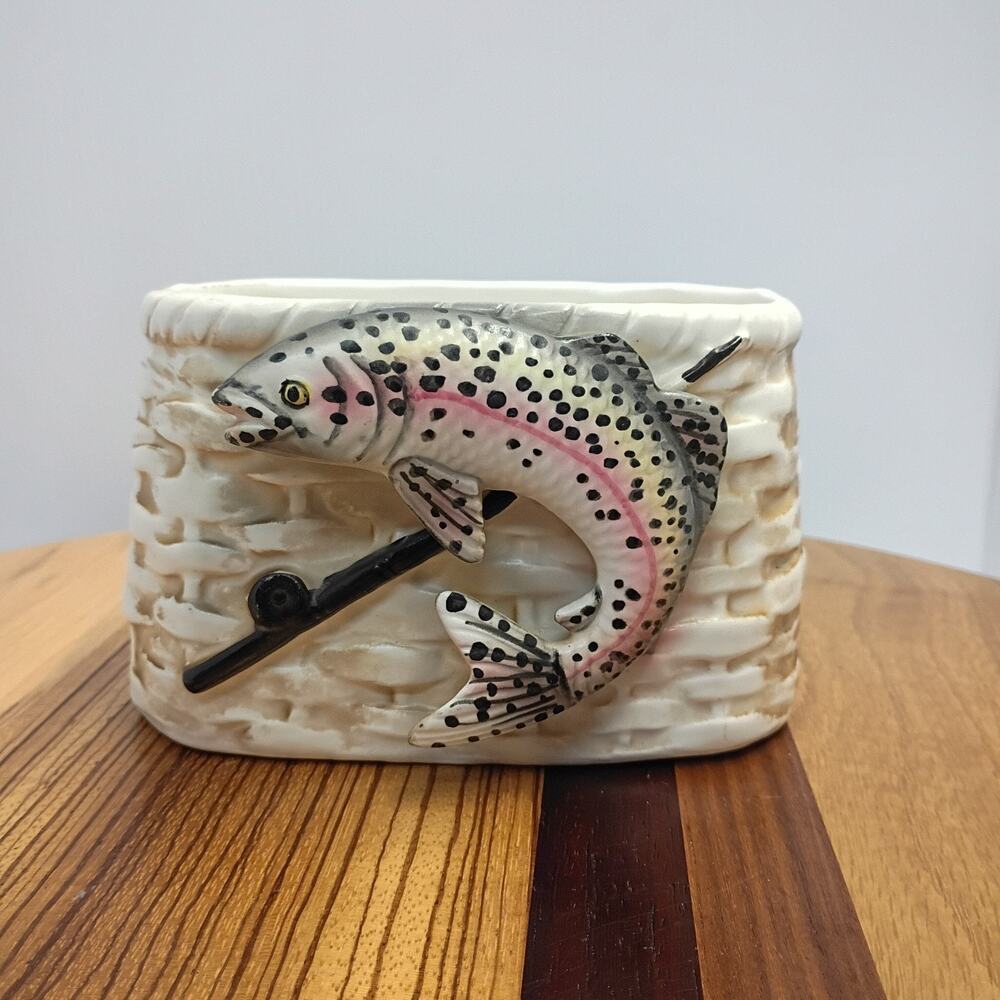 Vintage MCM Napco Rainbow Trout Fish Wicker Creel Porcelain Ceramic Planter Pot